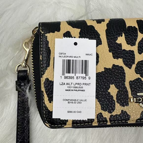 Coach Long Zip Around Wallet With Leopard Print In Leather + Wrist Strap CBT24 - Picture 5 of 6